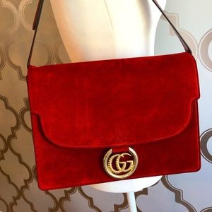 Gucci GG Ring Red Gold Blue Leather Suede Shoulder Bag Large Magnetic Closure